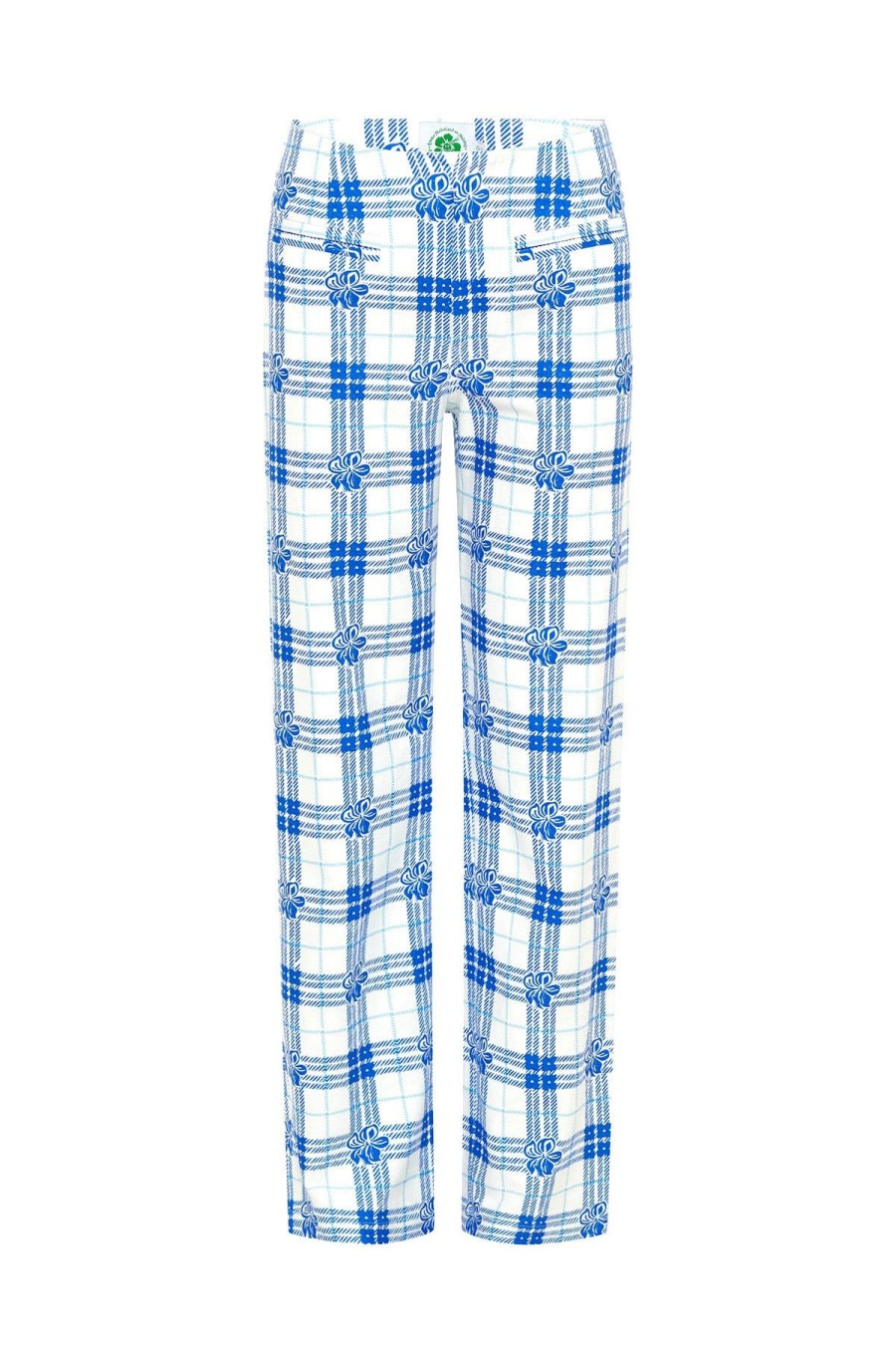 Women Emma Mulholland on Holiday Pants | Hibiscus Plaid Linen Pants-Blue/White