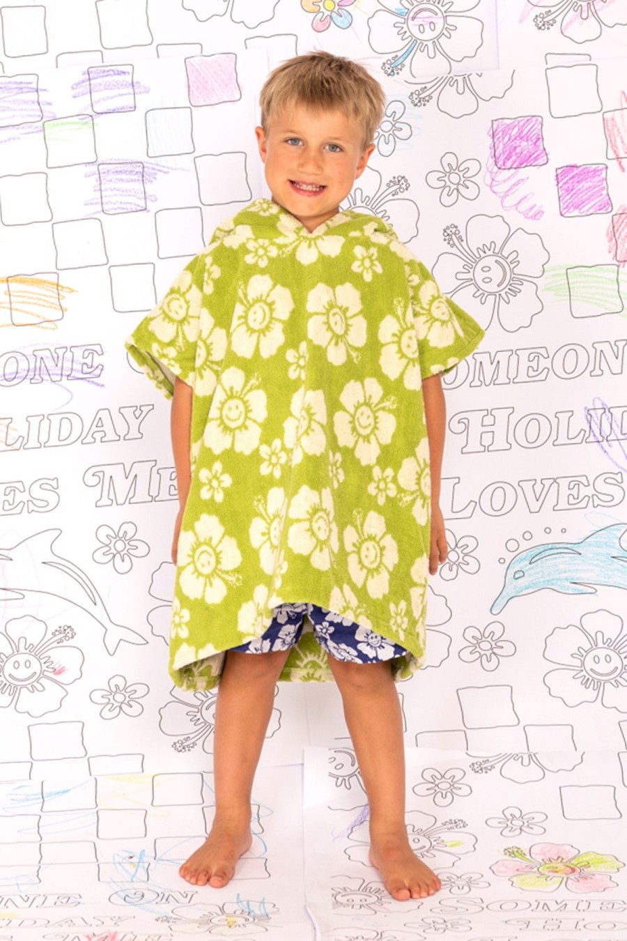 Kid Emma Mulholland on Holiday Kidswear | Happy Hibiscus Kids Towel Robe-Olive/White