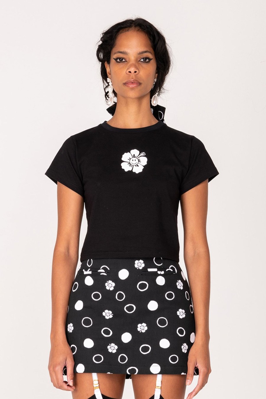 Women Emma Mulholland on Holiday Tees & Tops | Happy Hibiscus Baby Tee-Black/White