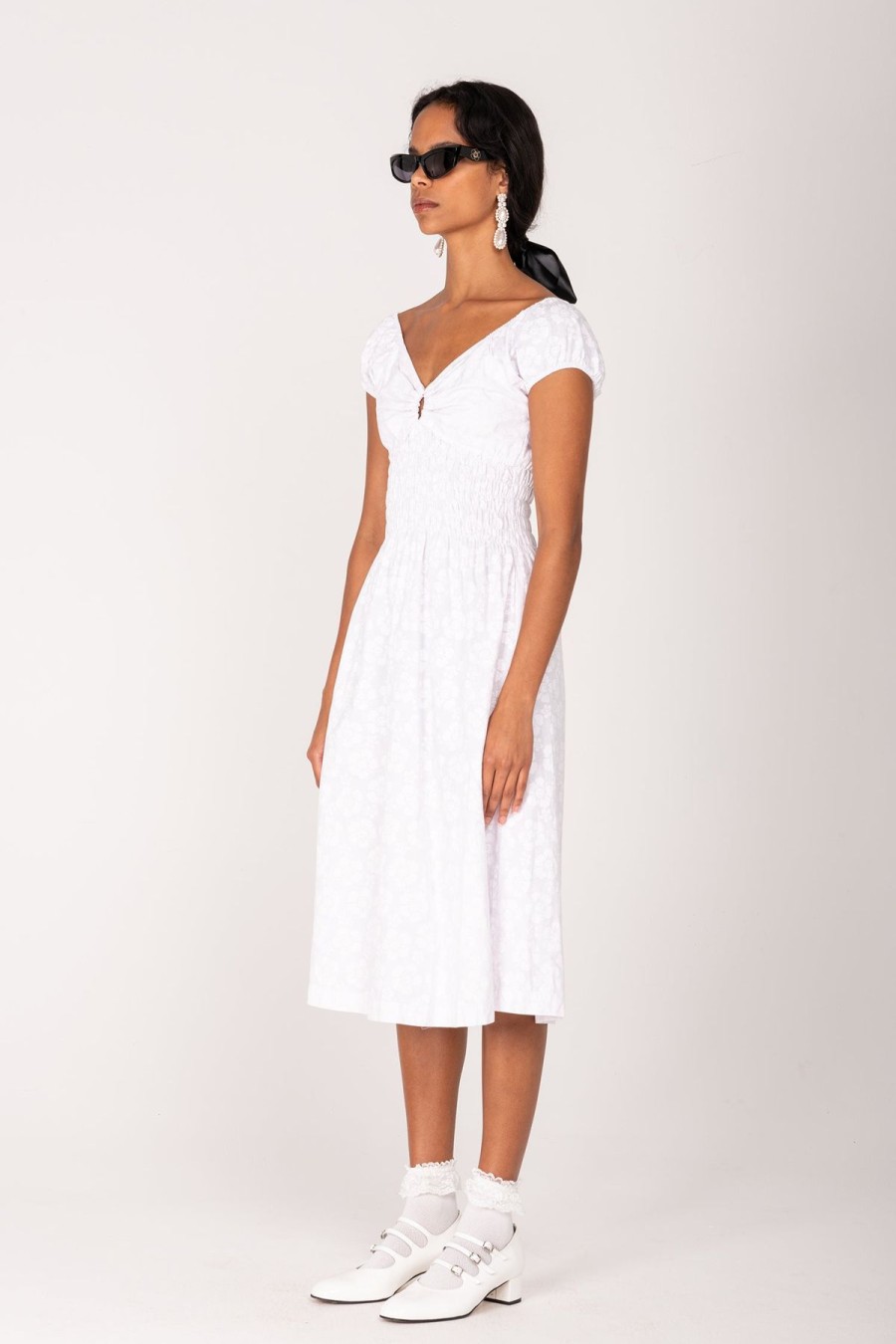 Women Emma Mulholland on Holiday Party Wear | Happy Hibiscus Ruched Midi Dress