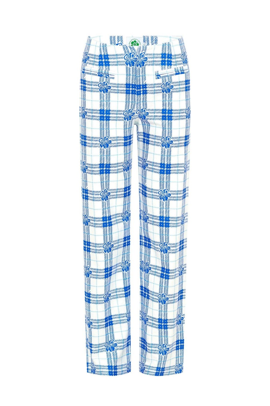Women Emma Mulholland on Holiday Party Wear | Hibiscus Plaid Linen Pants-Blue/White