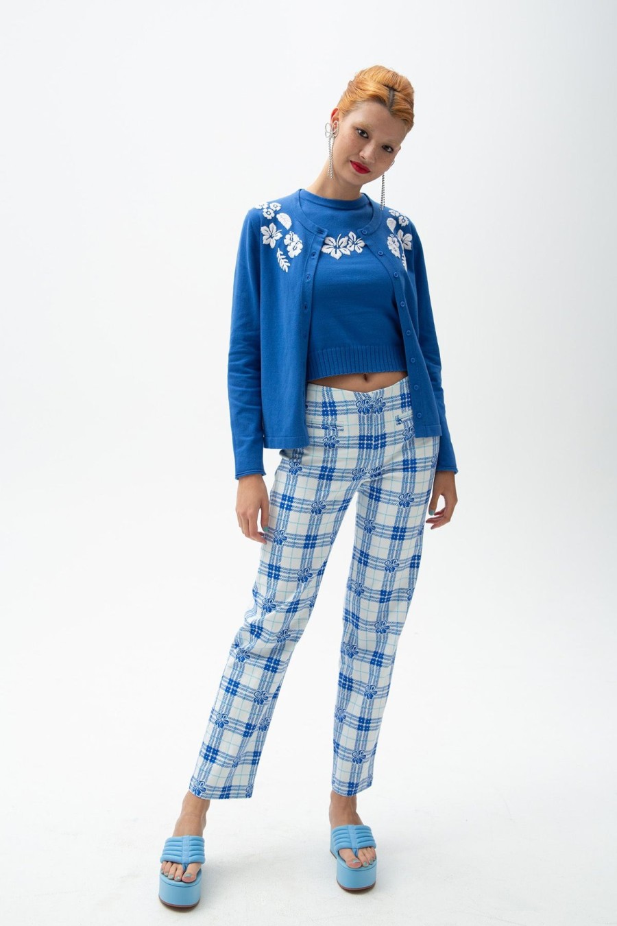 Women Emma Mulholland on Holiday Party Wear | Hibiscus Plaid Linen Pants-Blue/White