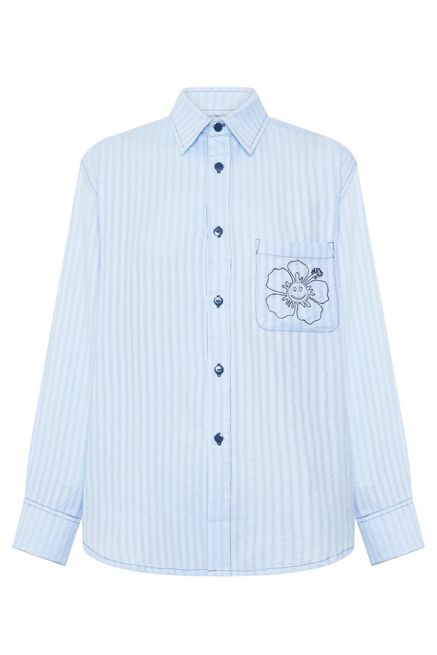 Women Emma Mulholland on Holiday Tees & Tops | Happy Hibiscus Beach Shirt-Blue