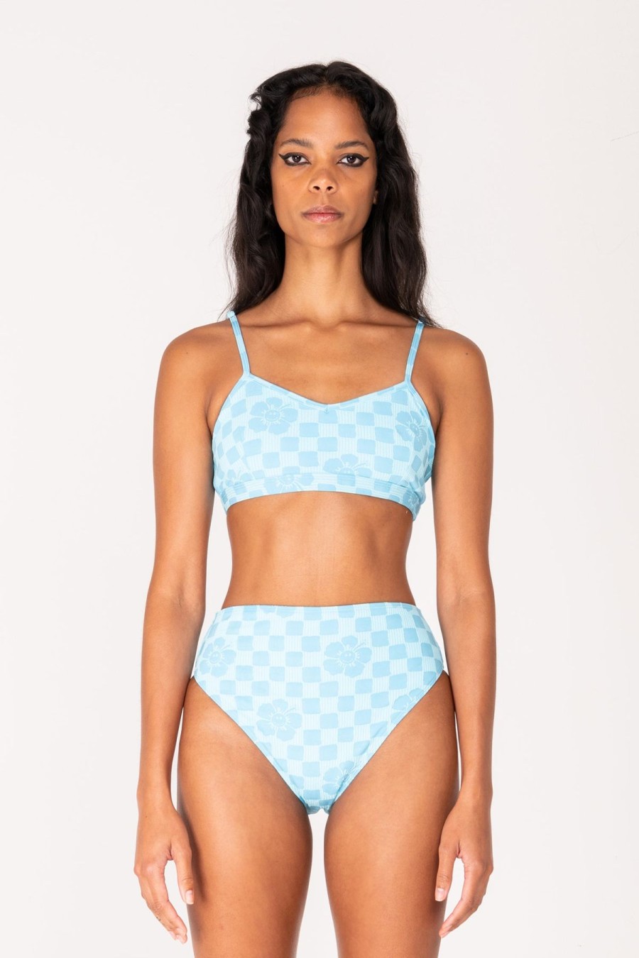 Women Emma Mulholland on Holiday Swimwear | Happy Check High Rise Bikini Bottom-Sky Blue