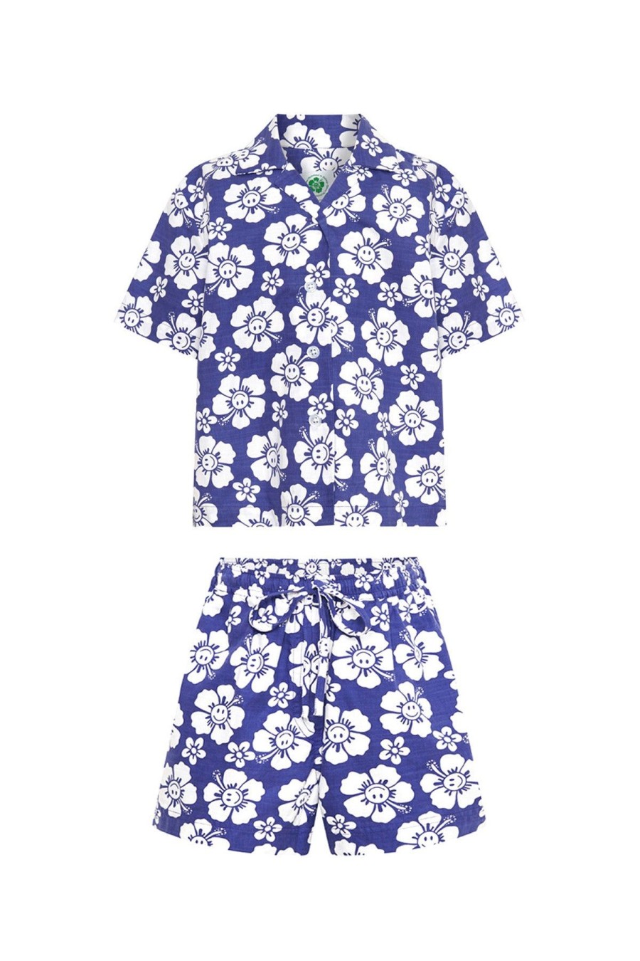 Kid Emma Mulholland on Holiday Kidswear | Happy Hibiscus Kids Short Resort Set-Blue/White