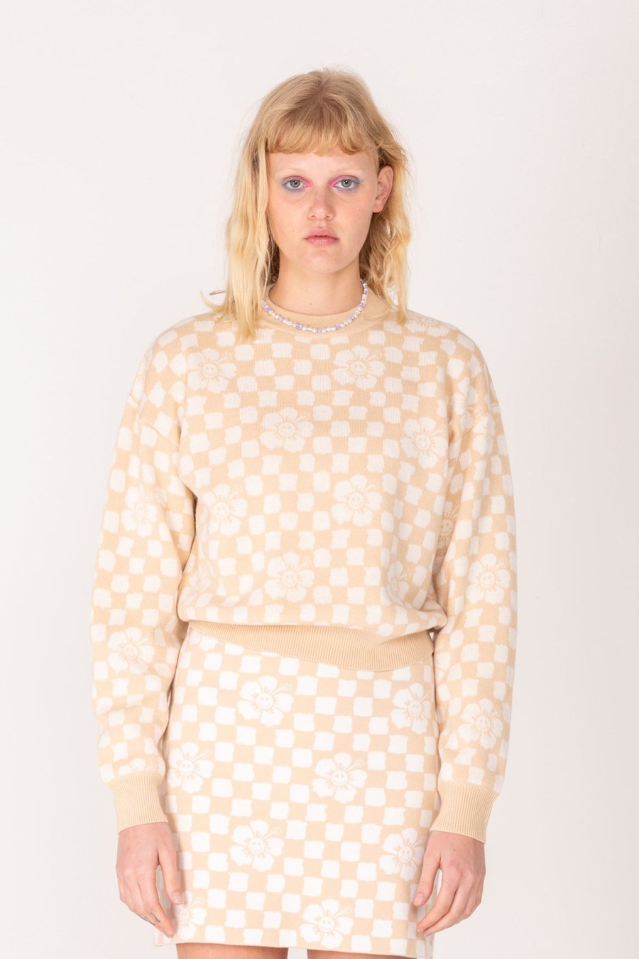 Women Emma Mulholland on Holiday Knitwear | Happy Check Knit Sweater-Sand
